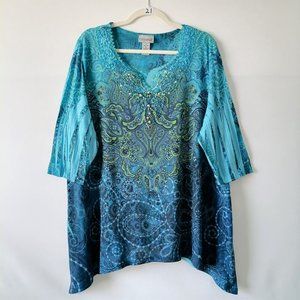 Catherines Women's Blue Paisley V Neck Beaded Blouse Top Size 1X